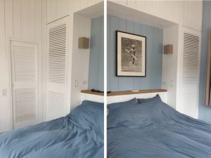 Chambre à coucher : placard, tête de lit, meuble en hêtre et chêne massif